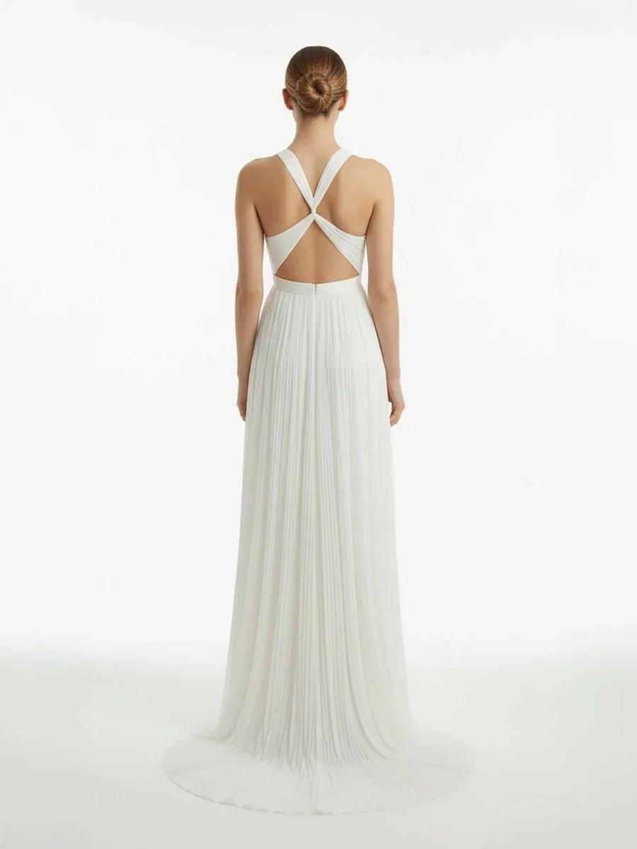 Sheath Halter Chiffon Plaited Dress With Special Back Design