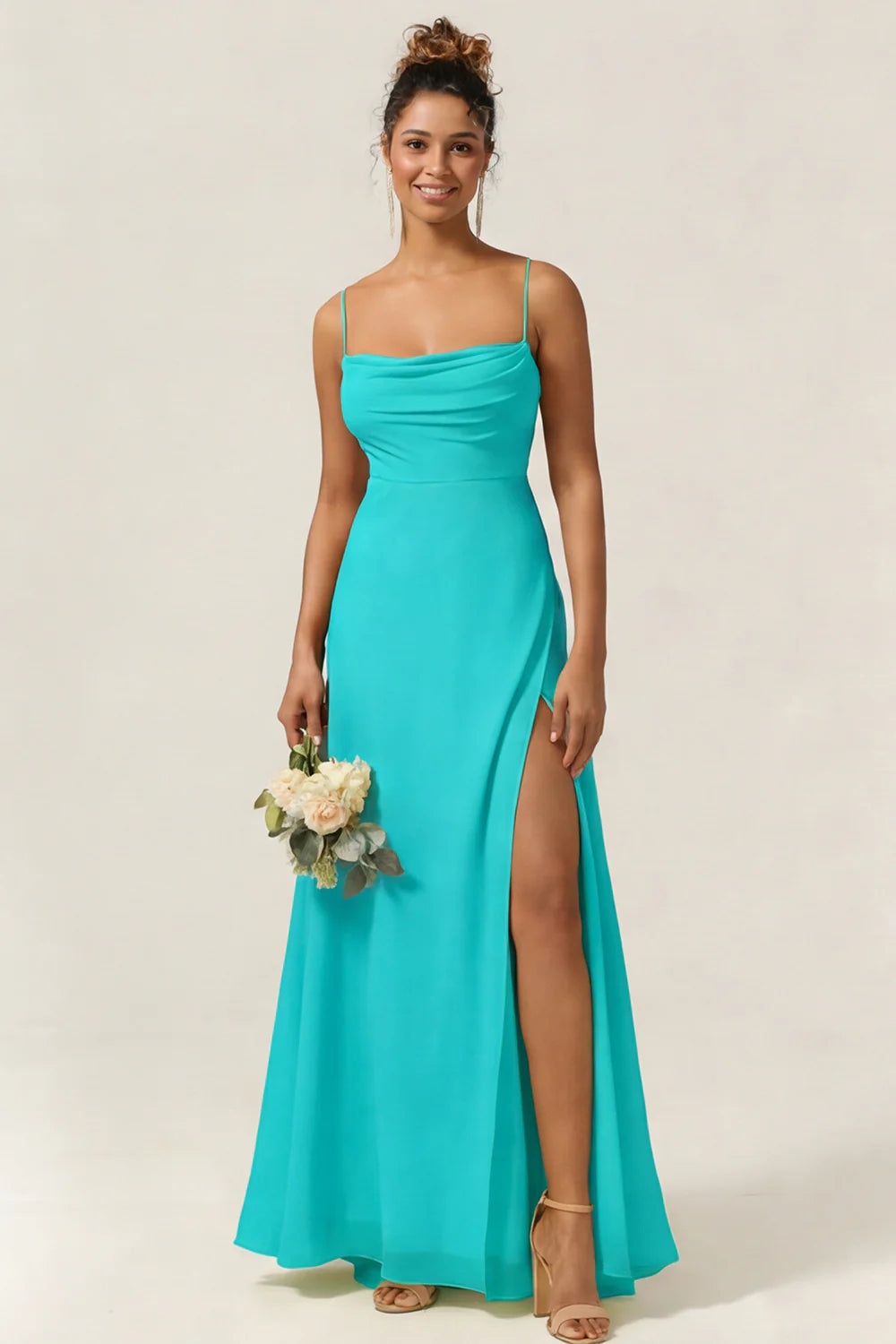 Blue Flower A Line Spaghetti Straps Chiffon Long Bridesmaid Dress with Slit