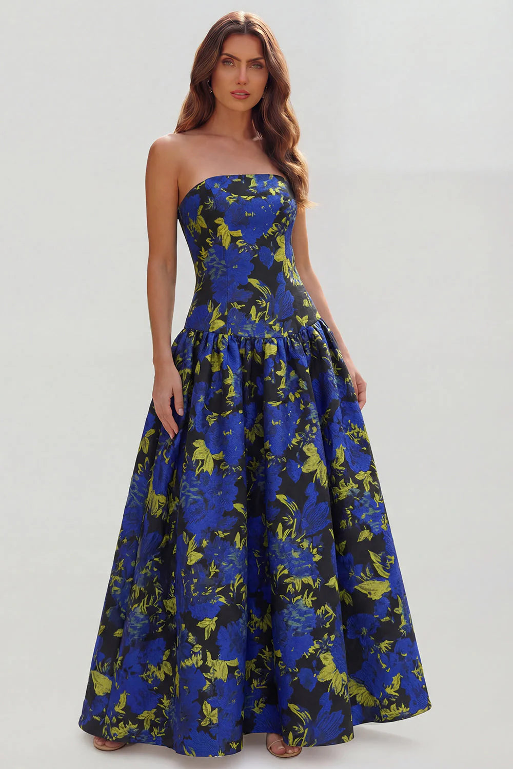 Blue White Flower Printed Strapless A Line Long Wedding Guest Dress