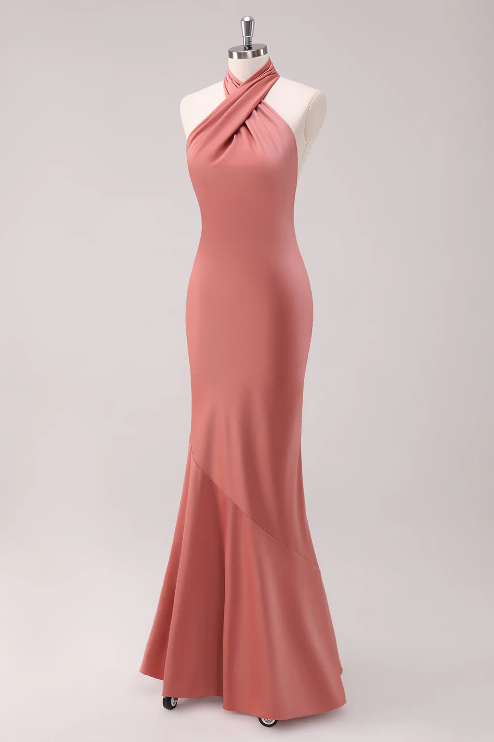 Black Mermaid Halter Open Back Floor Length Satin Bridesmaid Dress