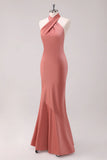 Terracotta Mermaid Halter Backless Floor Length Satin Bridesmaid Dress