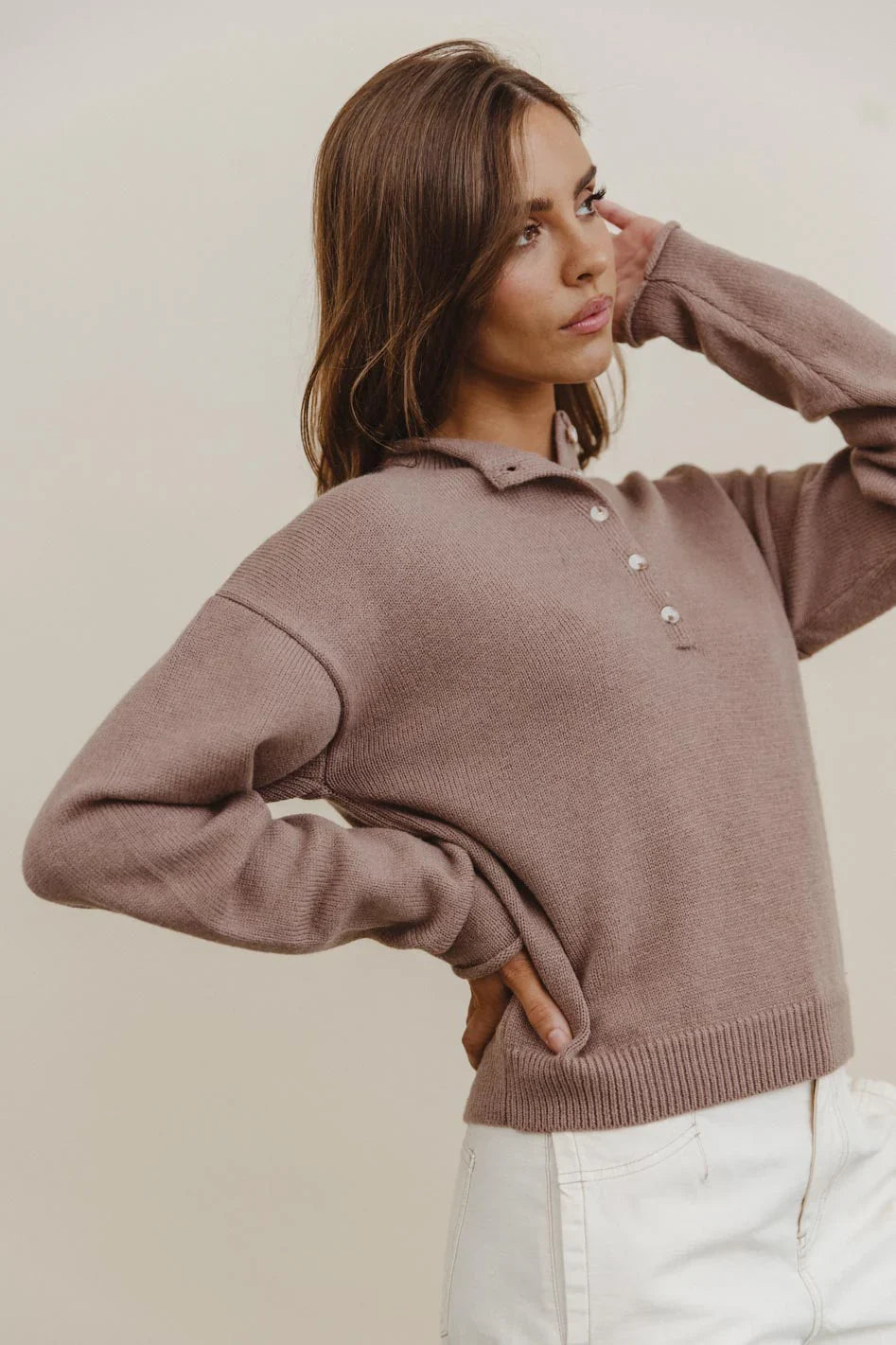 Meli Button Front Knit Sweater in Taupe FINAL SALE