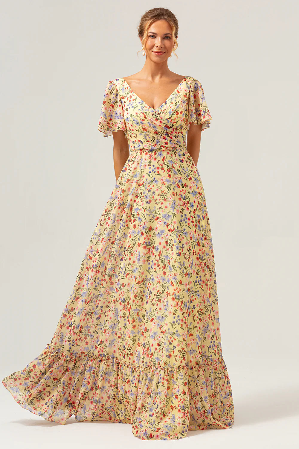 Yellow Flower Printed A Line Chiffon Long Bridesmaid Dress with Short Sleeves