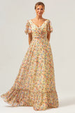 Yellow Flower Printed A Line Chiffon Long Bridesmaid Dress with Short Sleeves
