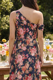 Pink Floral A Line Asymmetrical Neck Maxi Wedding Guest Dress