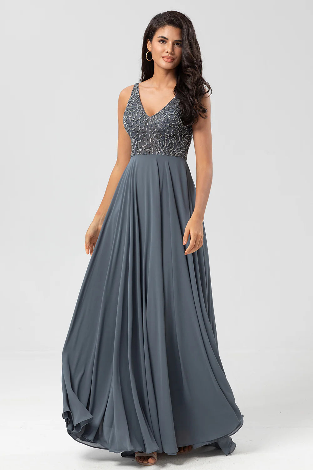 A Line Beaded Eucalyptus Long Bridesmaid Dress