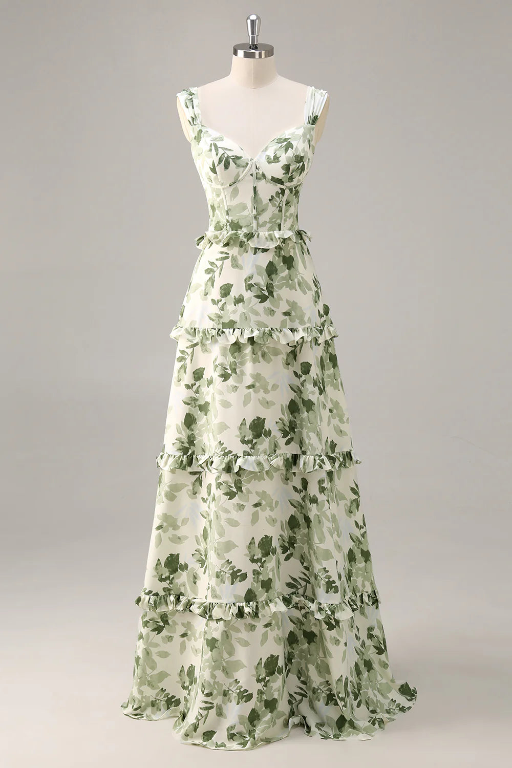 Green Flower A Line Corset Ruffle Long Bridesmaid Dress with Lace Up Back