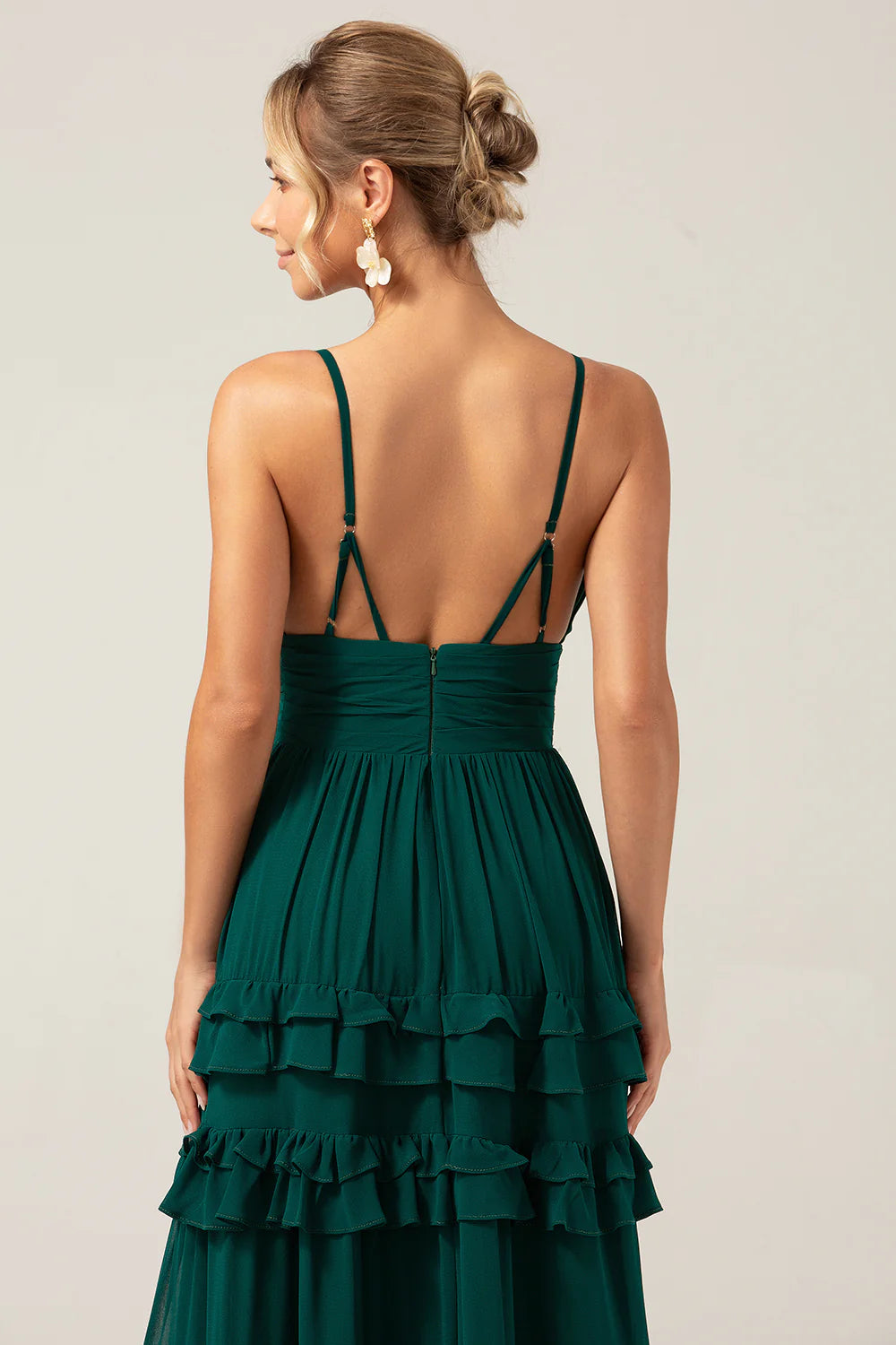 Dark Green A Line Spaghetti Straps Tiered Pleated Long Bridesmaid Dress