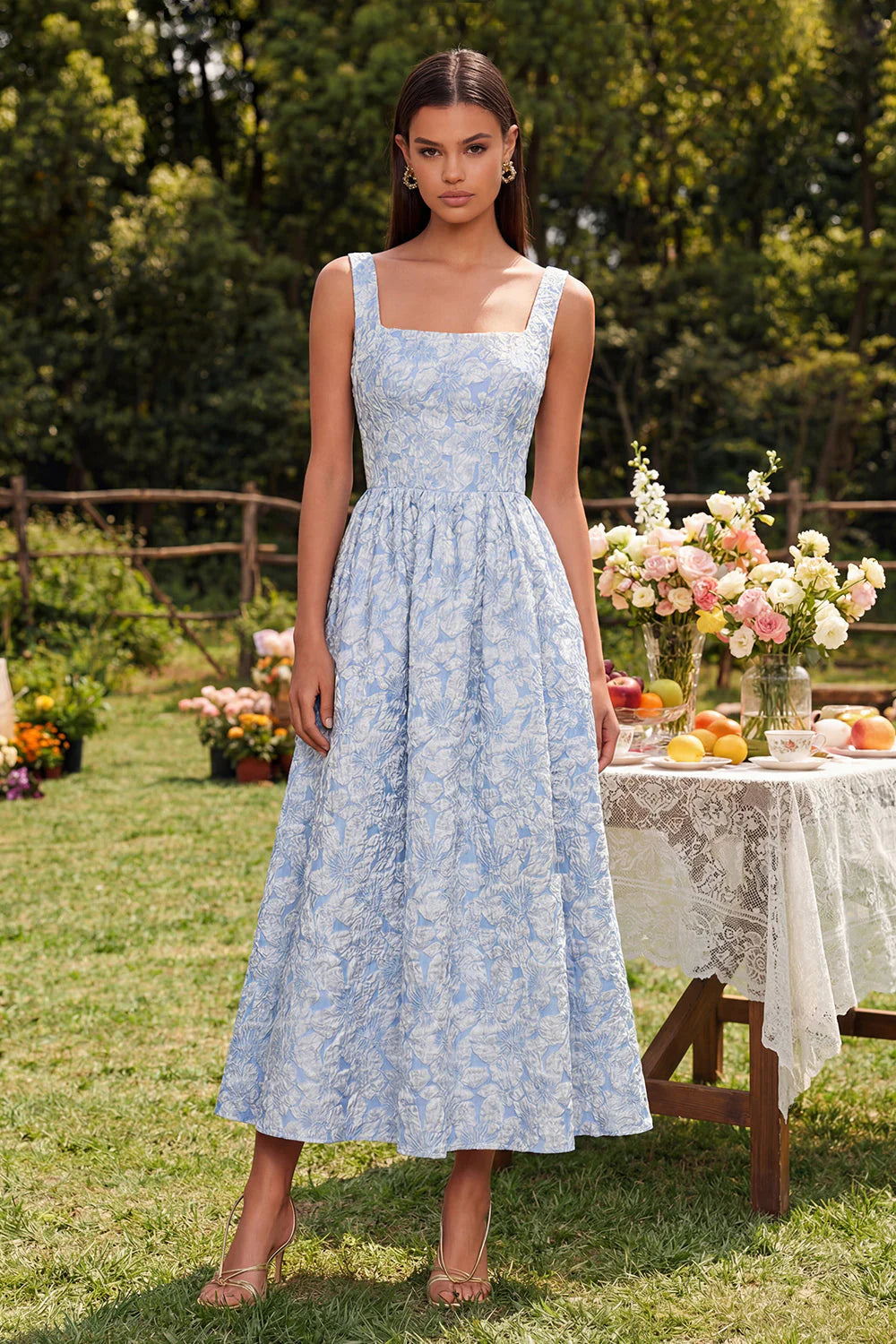 Blue Jacquard A Line Square Neck Wedding Guest Dress