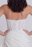 Corset Strapless Ruched Bodycon White Dress with Lace