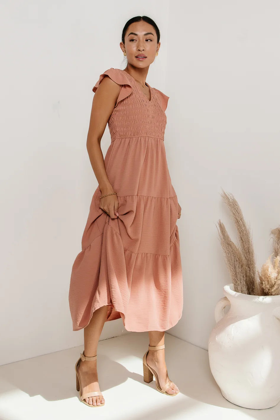 Rain Smocked Midi Dress in Peach FINAL SALE