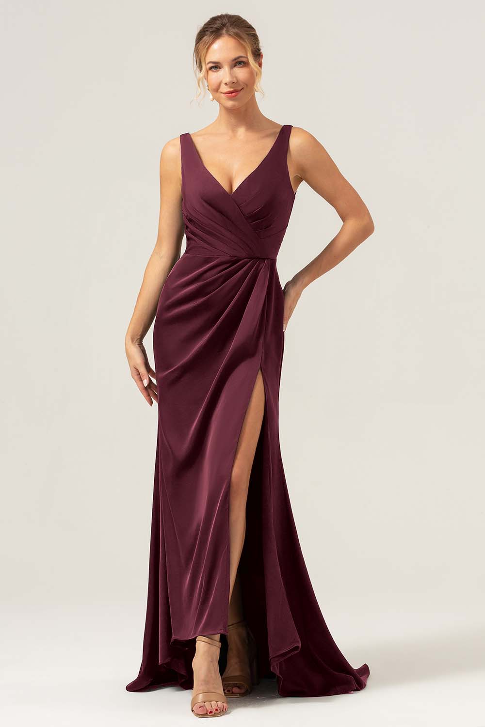Burgundy Mermaid V Neck Ruched High Low Long Satin Bridesmaid Dress with Slit