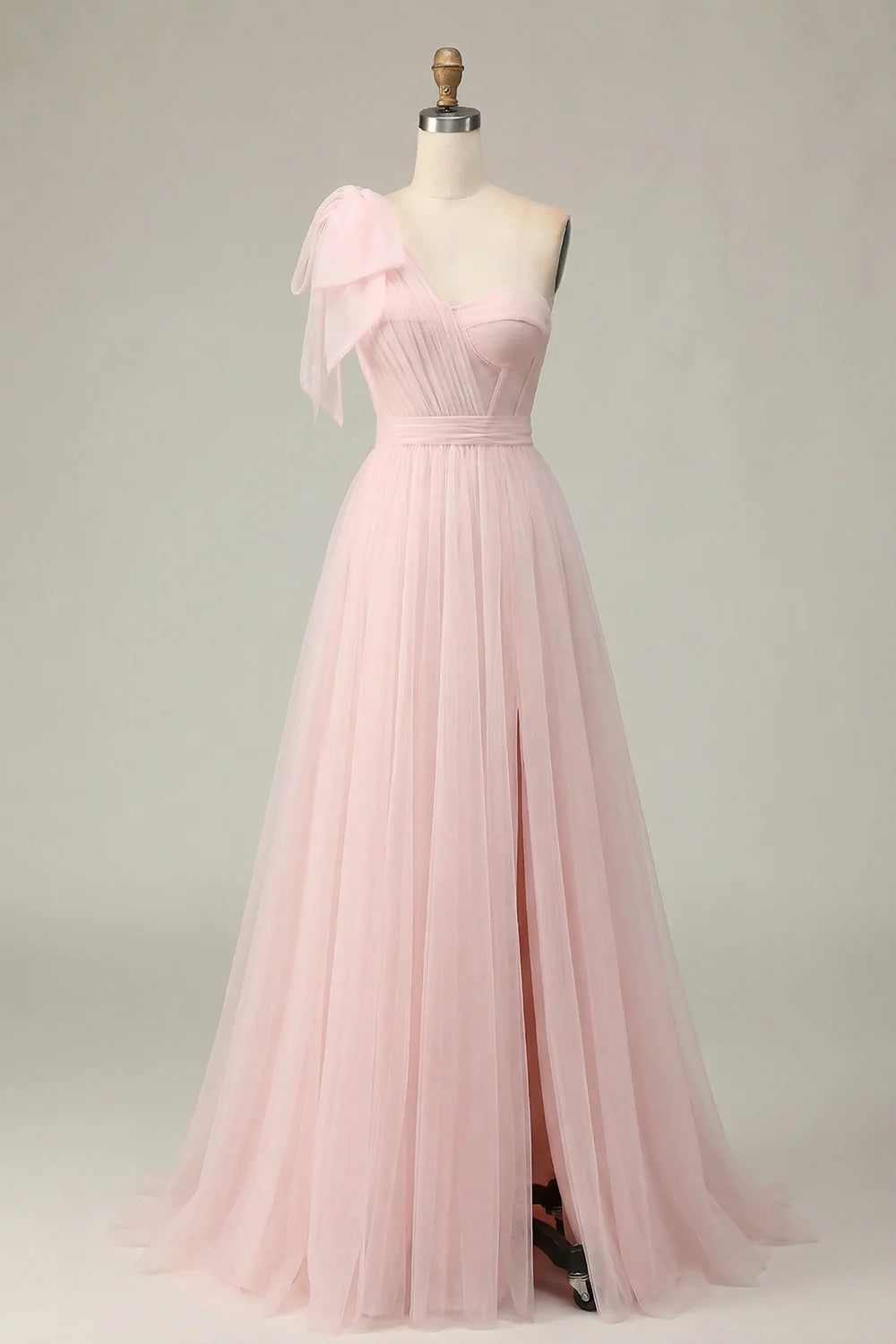 Mint Green A Line One Shoulder Sheer Corset Tulle Long Prom Dress with Slit