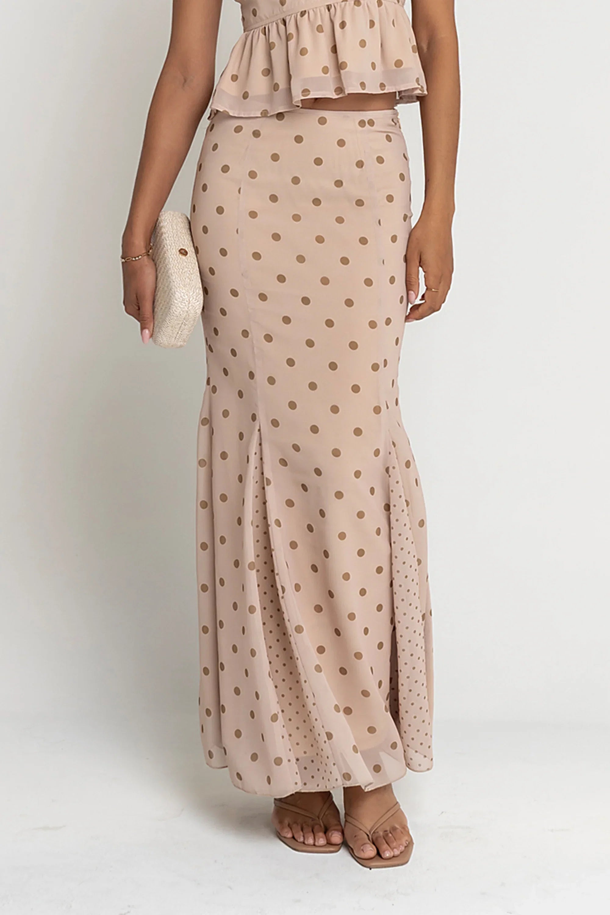 Freida Polka Dot Maxi Skirt in Taupe