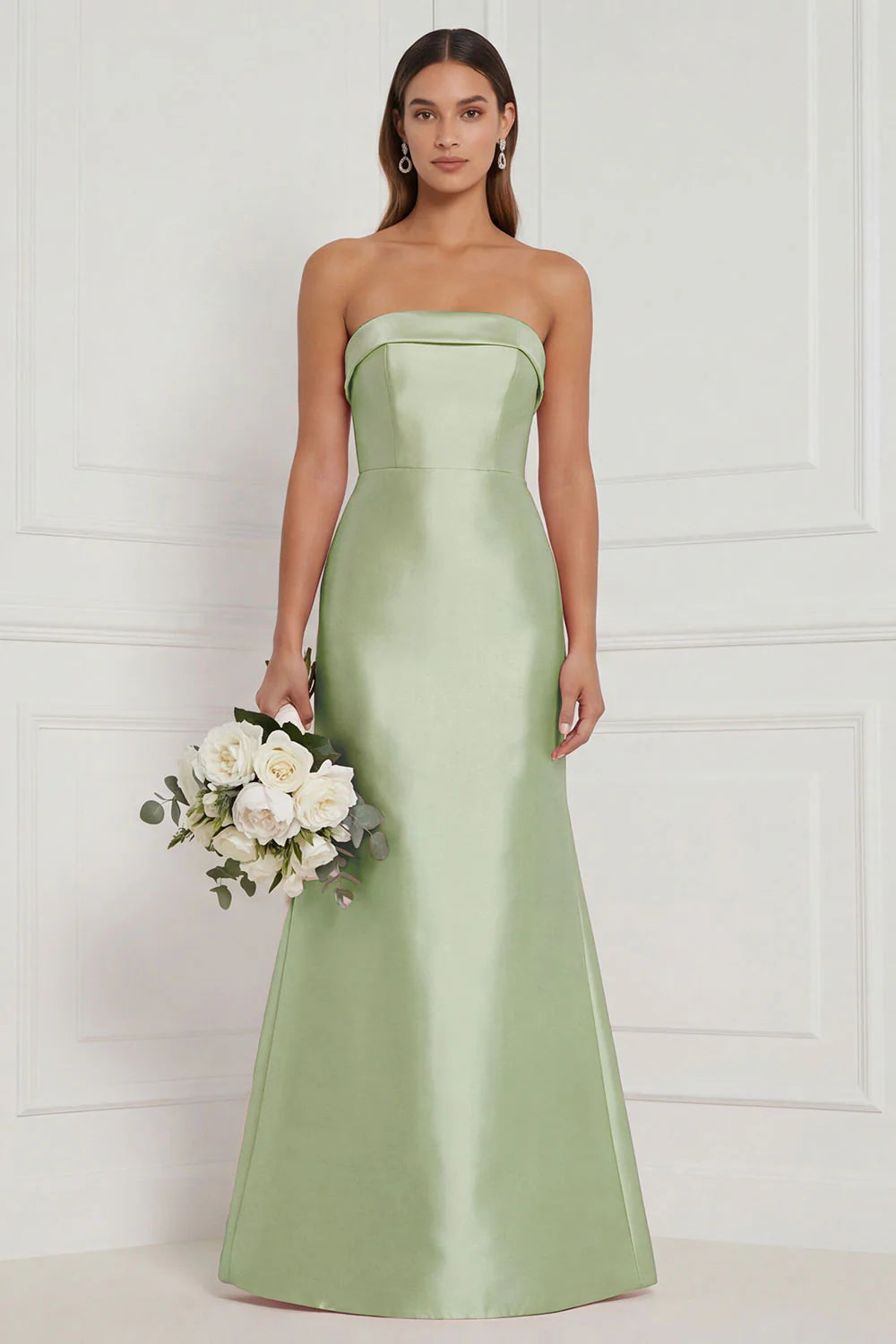 Strapless Mermaid Dusty Rose Satin Long Bridesmaid Dress