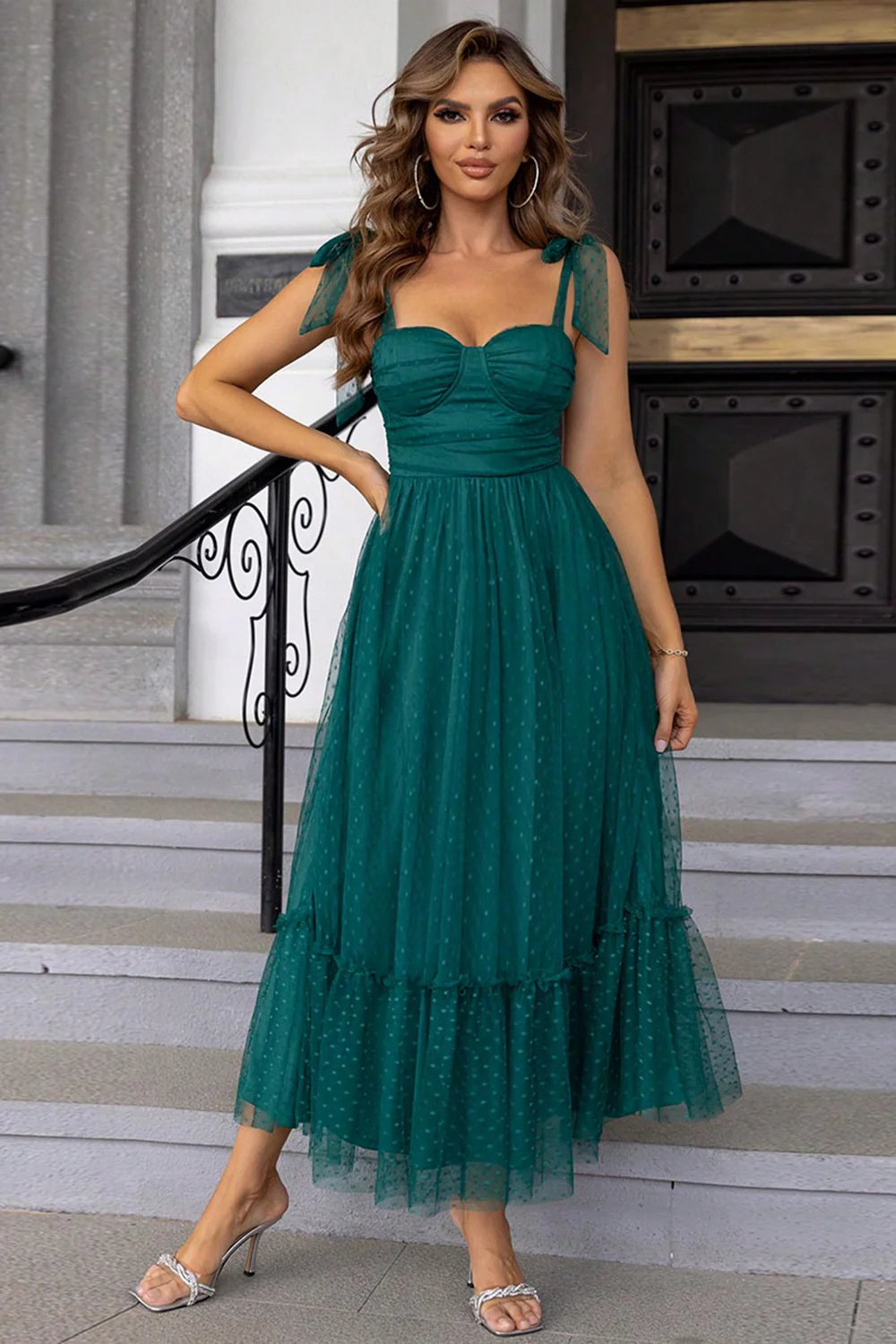 Black A Line Bow Spaghetti Straps Pleated Long Wedding Guest Dress