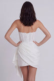 Corset Strapless Ruched Bodycon White Dress with Lace