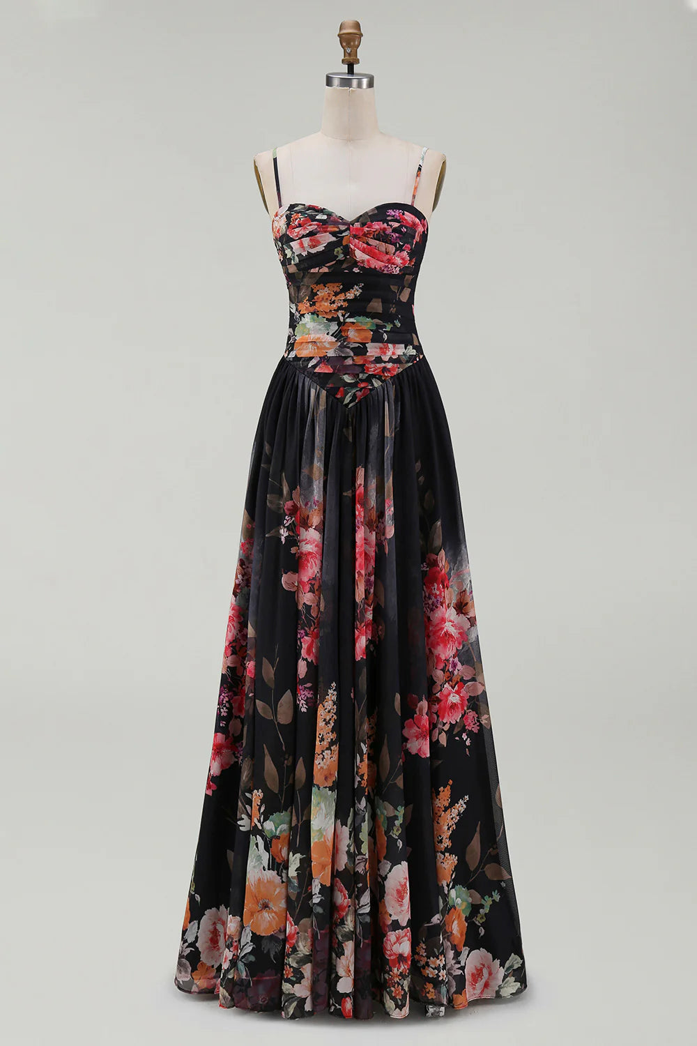 Black A Line Printed Ruched Long Formal Dress