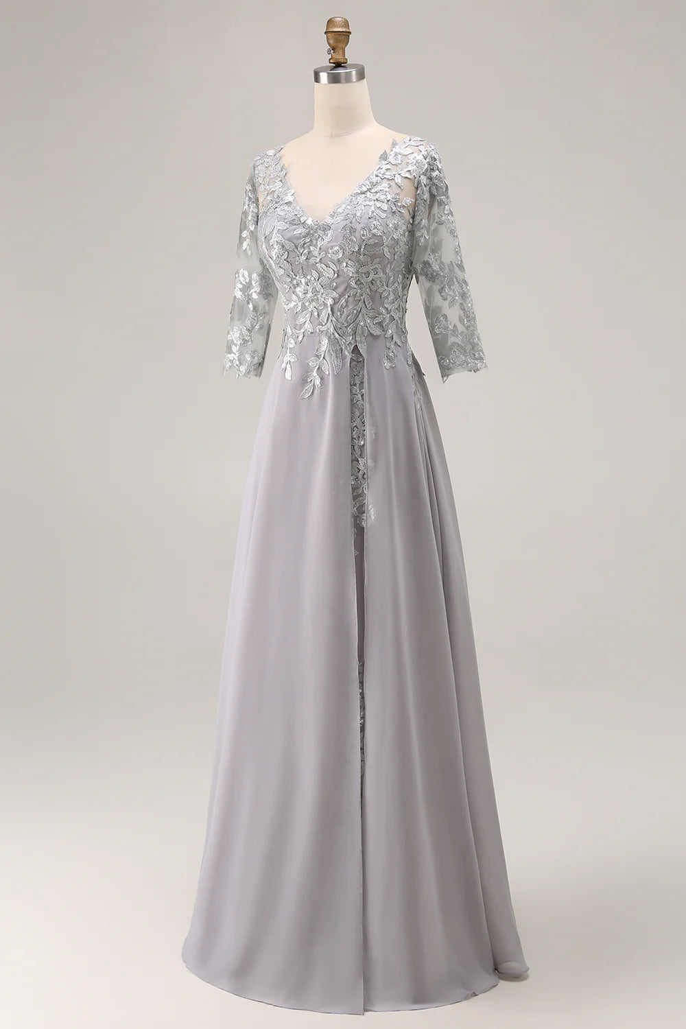 Silver Appliqued A Line V Neck Long Mother Of The Bride Dress with Lace Up Back