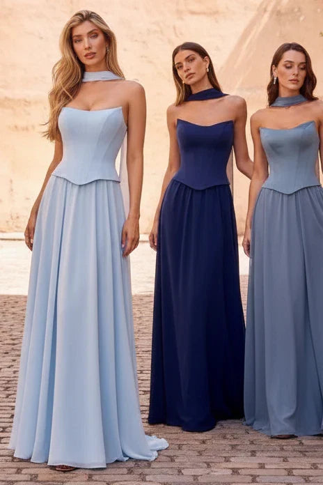 ISABELLA GOWN STRAPLESS CHIFFON DRESS WITH SCARF