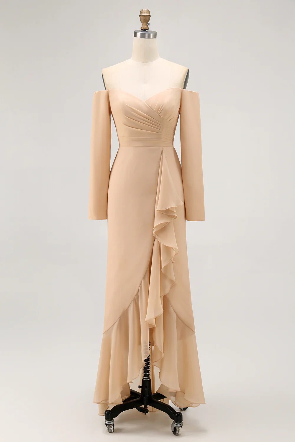 Champagne Sheath Off the Shoulder Long Bridesmaid Dress with Ruffles