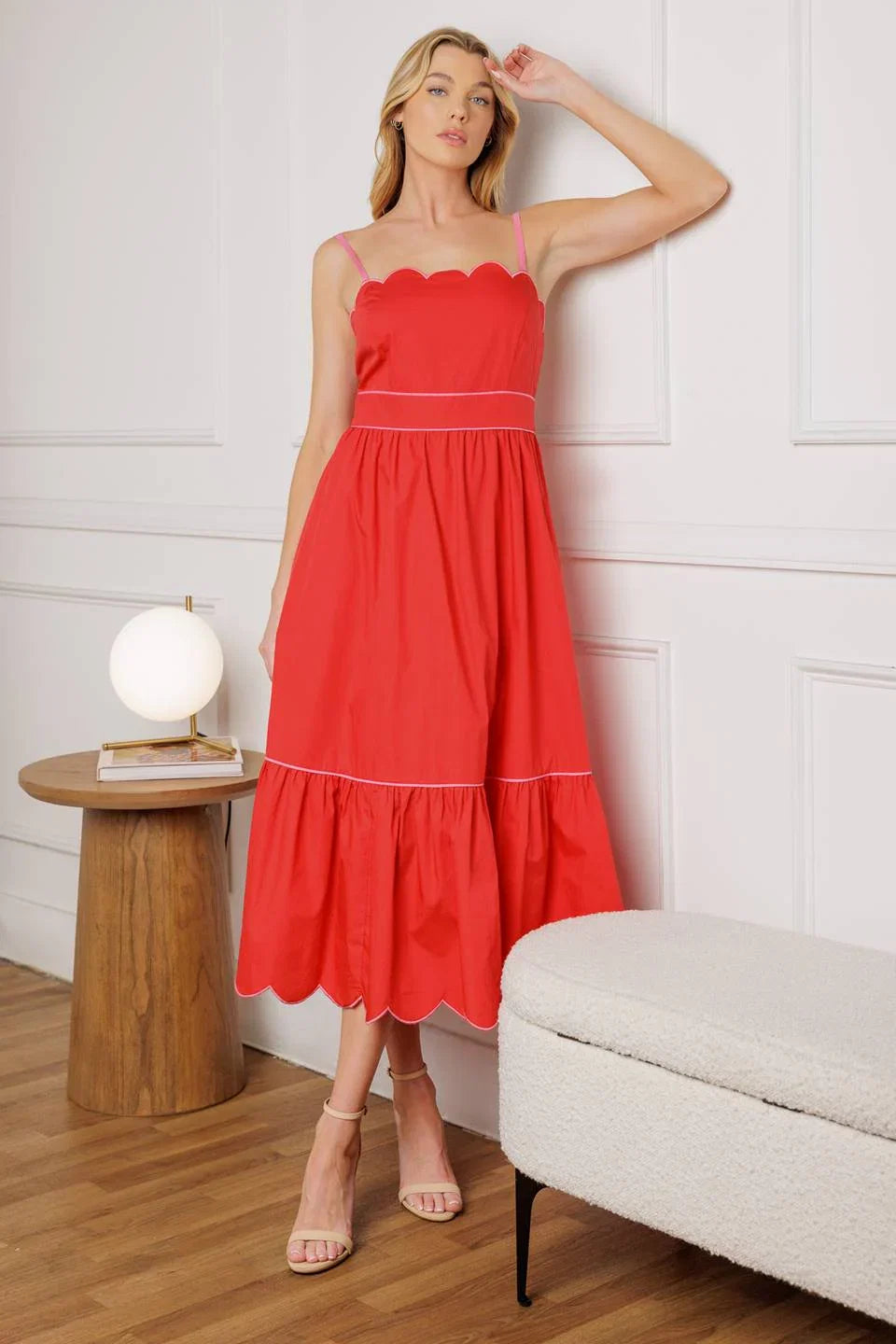 SWEET DREAMS RED PINK SCALLOPED EDGE MIDI DRESS