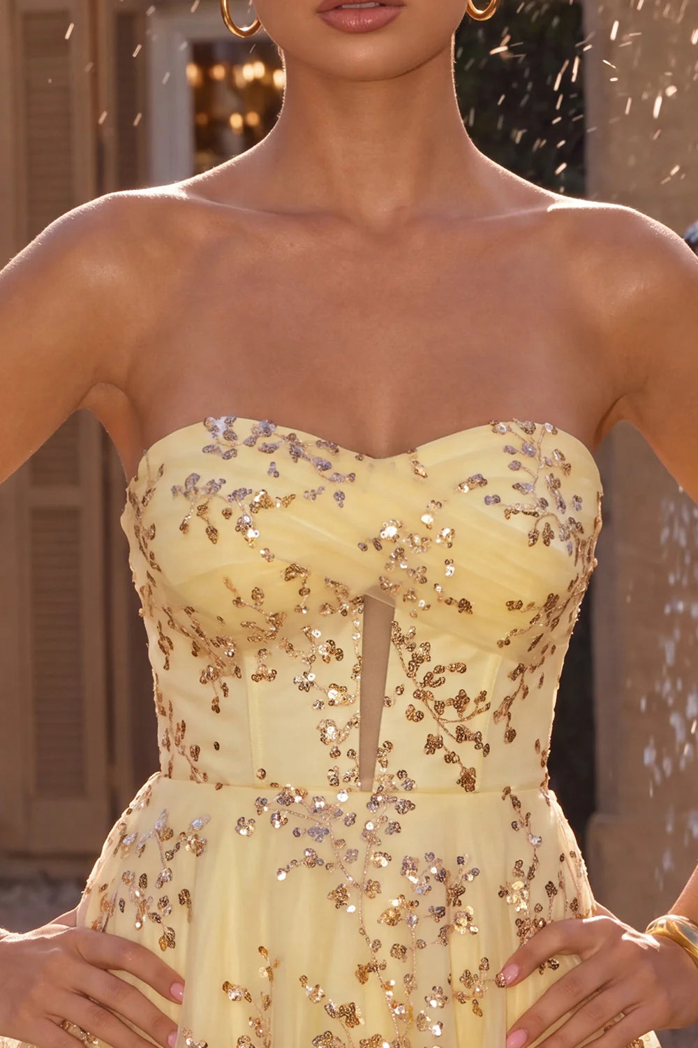 Strapless A Line Corset Sequin Yellow Homecoming Dress