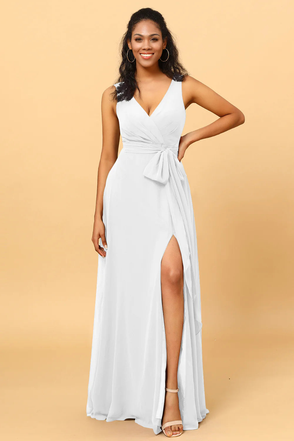 A Line V Neck Sleeveless Long Chiffon Bridesmaid Dress with Slit