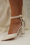 Faux Leather Block Heel Point Toe Wedding Heels Bridal Shoes Pearl Ribbon Tie Elegant Wedding Shoes