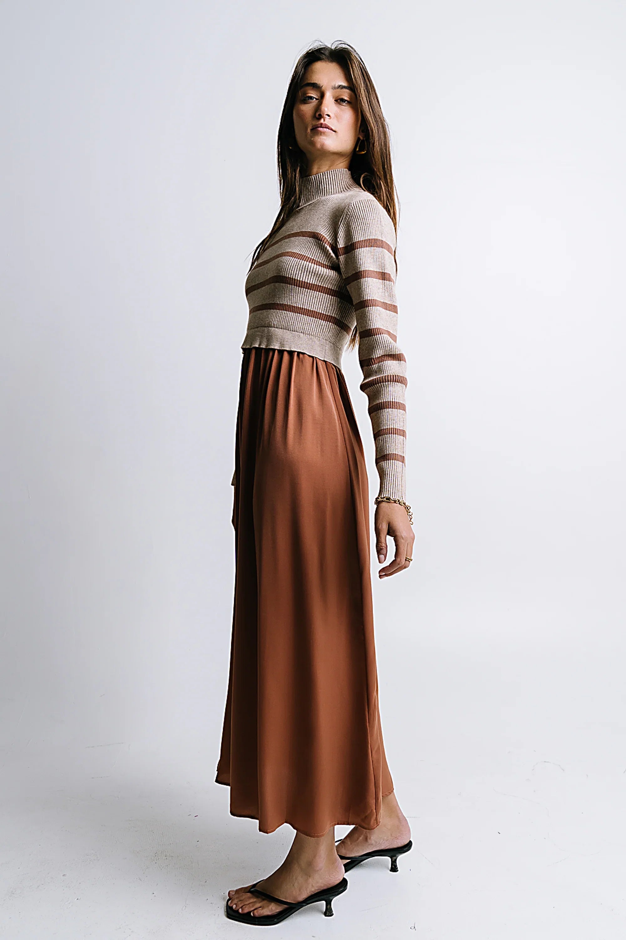 Zeda Midi Dress in Brown Stripe FINAL SALE