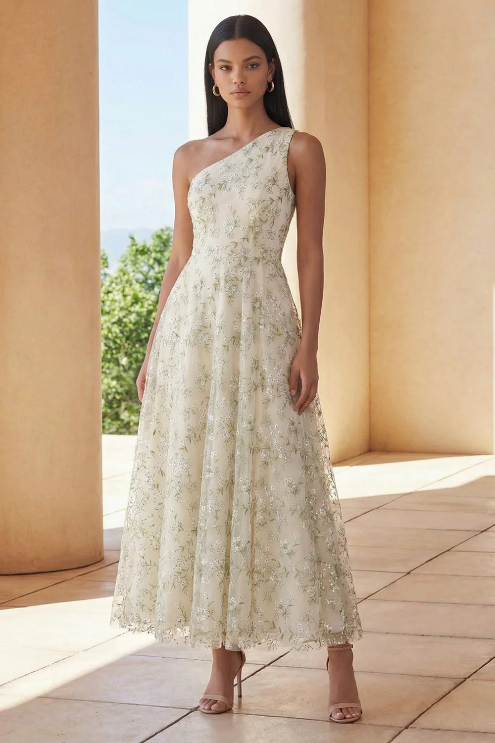 One Shoulder Floral Light Green A Line Wedding Guest Dress