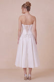 White Satin A Line Corset Midi Dress with Lace up Back