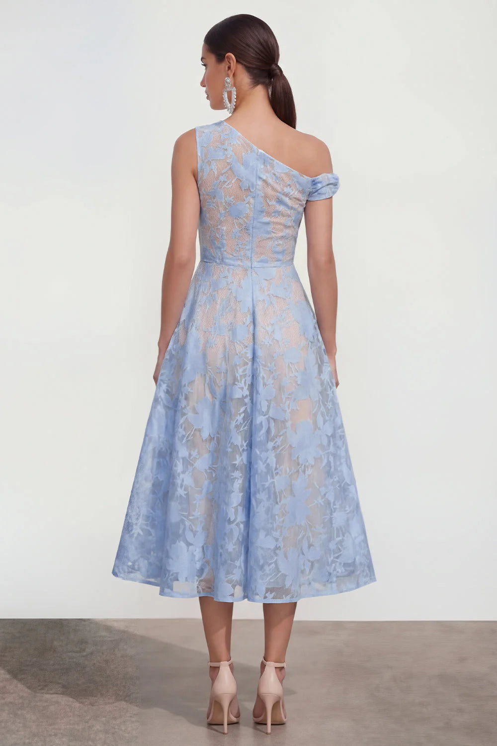 Floral Yellow Asymmetrical Neck A Line Wedding Guest Dress