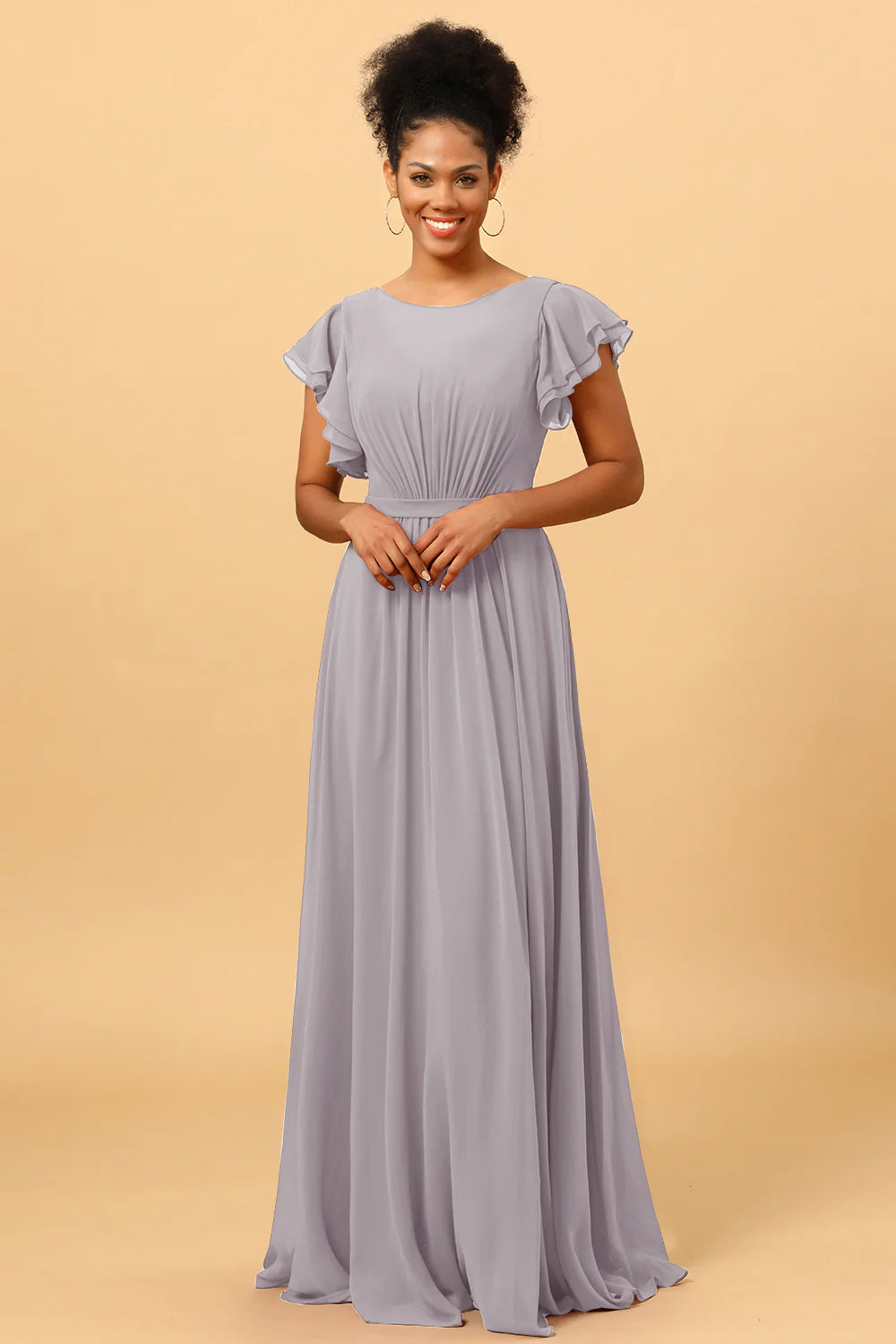 A Line Bateau Neck Ruched Long Chiffon Bridesmaid Dress with Ruffles