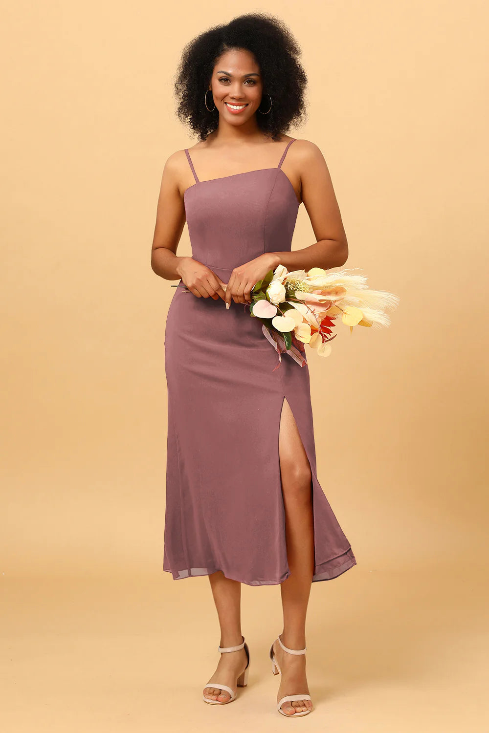 Sheath Spaghetti Straps Midi Chiffon Bridesmaid Dress with Slit
