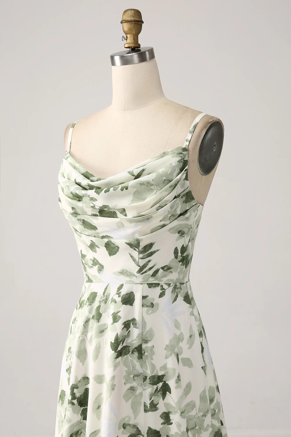A Line Cowl Neck Printed Long Green Bridesmaid Dress With Slit