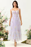 Purple A Line Sweetheart Tea Length Party Dress with Embroidery