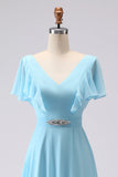 Sky Blue A Line V Neck Rhinestone Ruffled Long Bridesmaid Dress with Slit