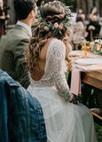 Beach Gorgeous Lace A Line Appliqued Open Back Wedding Dress With Long Sleeves