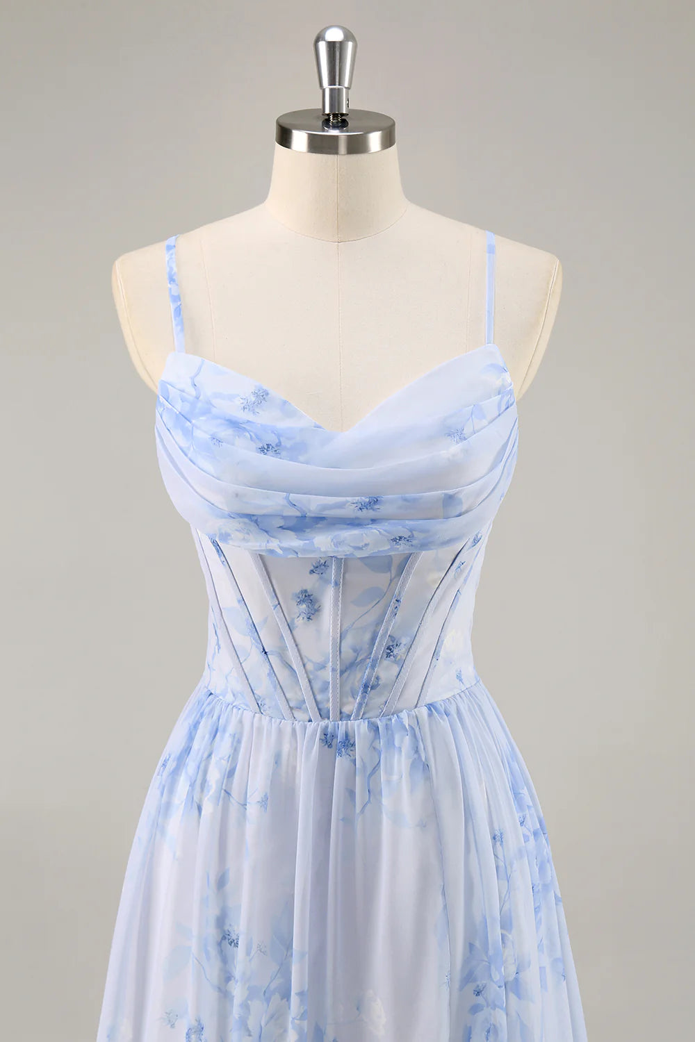 Blue Flower A Line Cowl Neck Corset Long Bridesmaid Dress with Slit