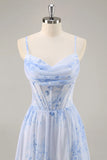 Blue Flower A Line Cowl Neck Corset Long Bridesmaid Dress with Slit