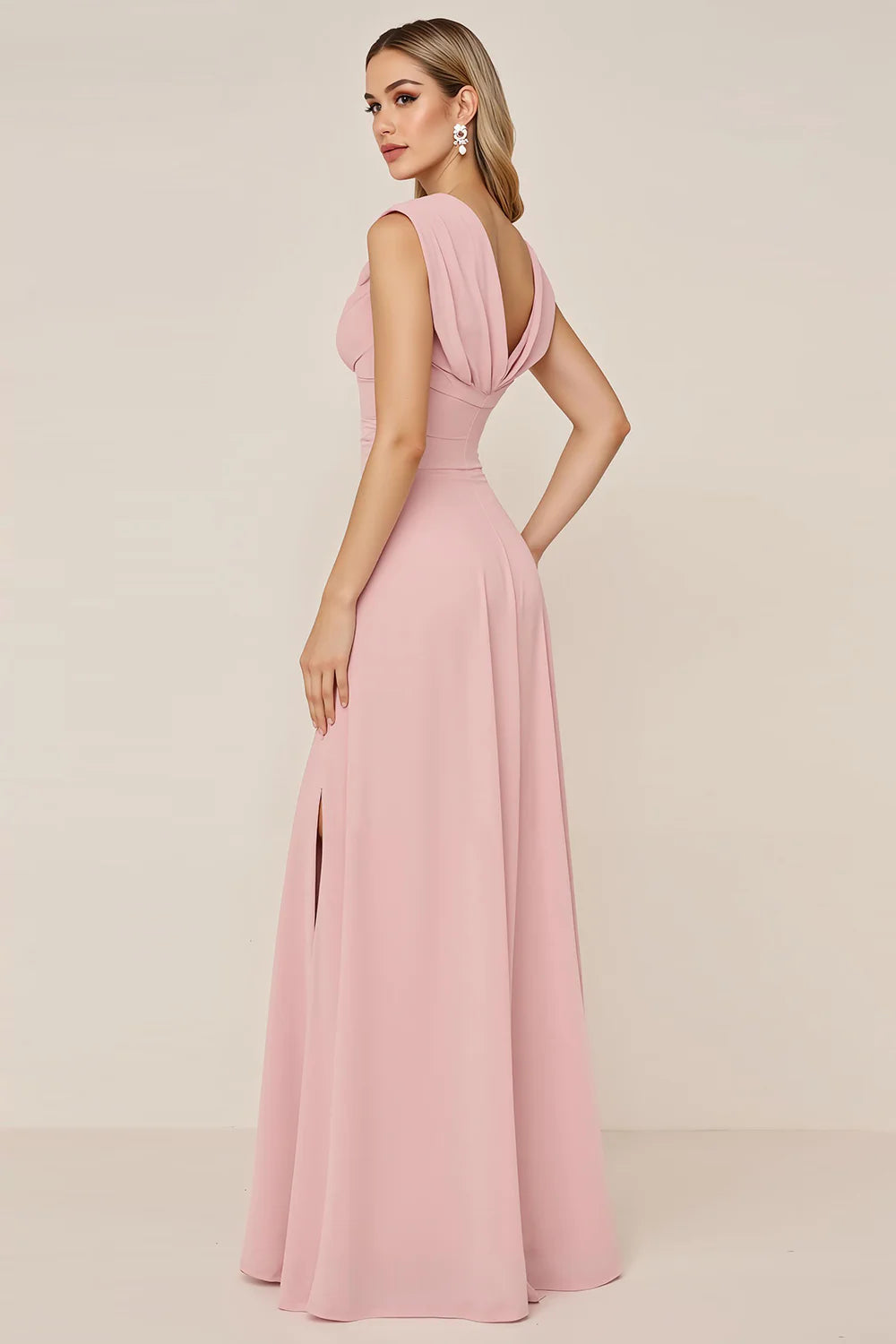 Burgundy A Line Cowl Neck Long Bridesmaid Dress with Slit