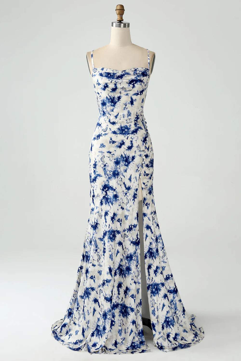 Blue Flower Mermaid Floral Lace Up Back Print Long Bridesmaid Dress With Slit