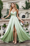 A Line Strapless Pleated Hollow Out Long Green Bridesmaid Dress With Slit