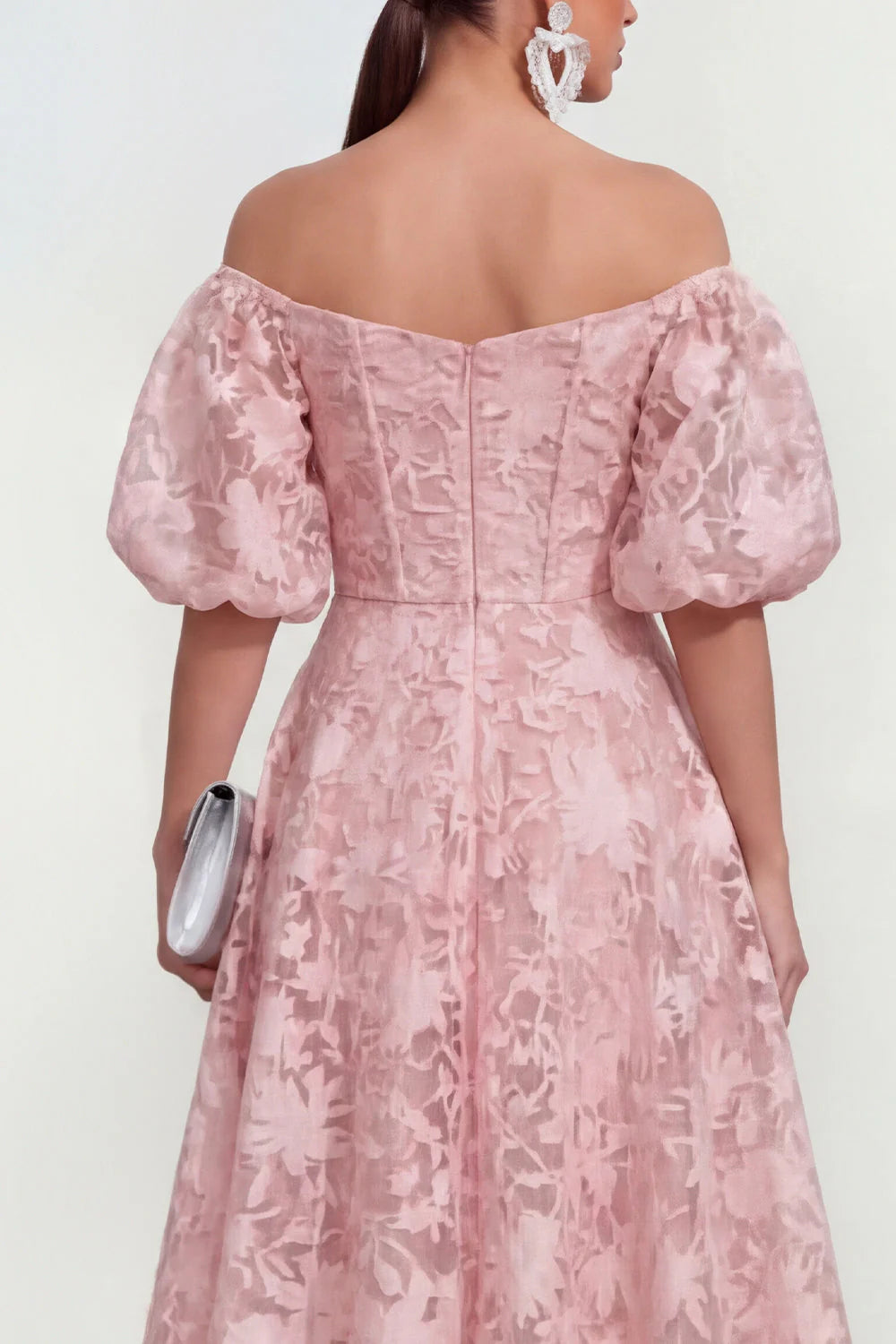 Floral Pink Off the Shoulder A Line Midi Wedding Guest Dress