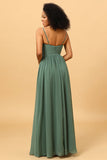A Line Spaghetti Straps Ruched Long Chiffon Bridesmaid Dress with Slit