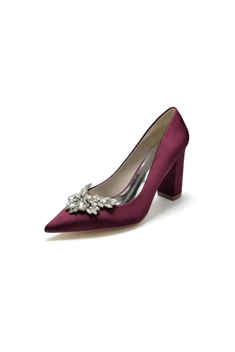 Satin Pointed Toe Slip on Chunky Heels With Rhinestone