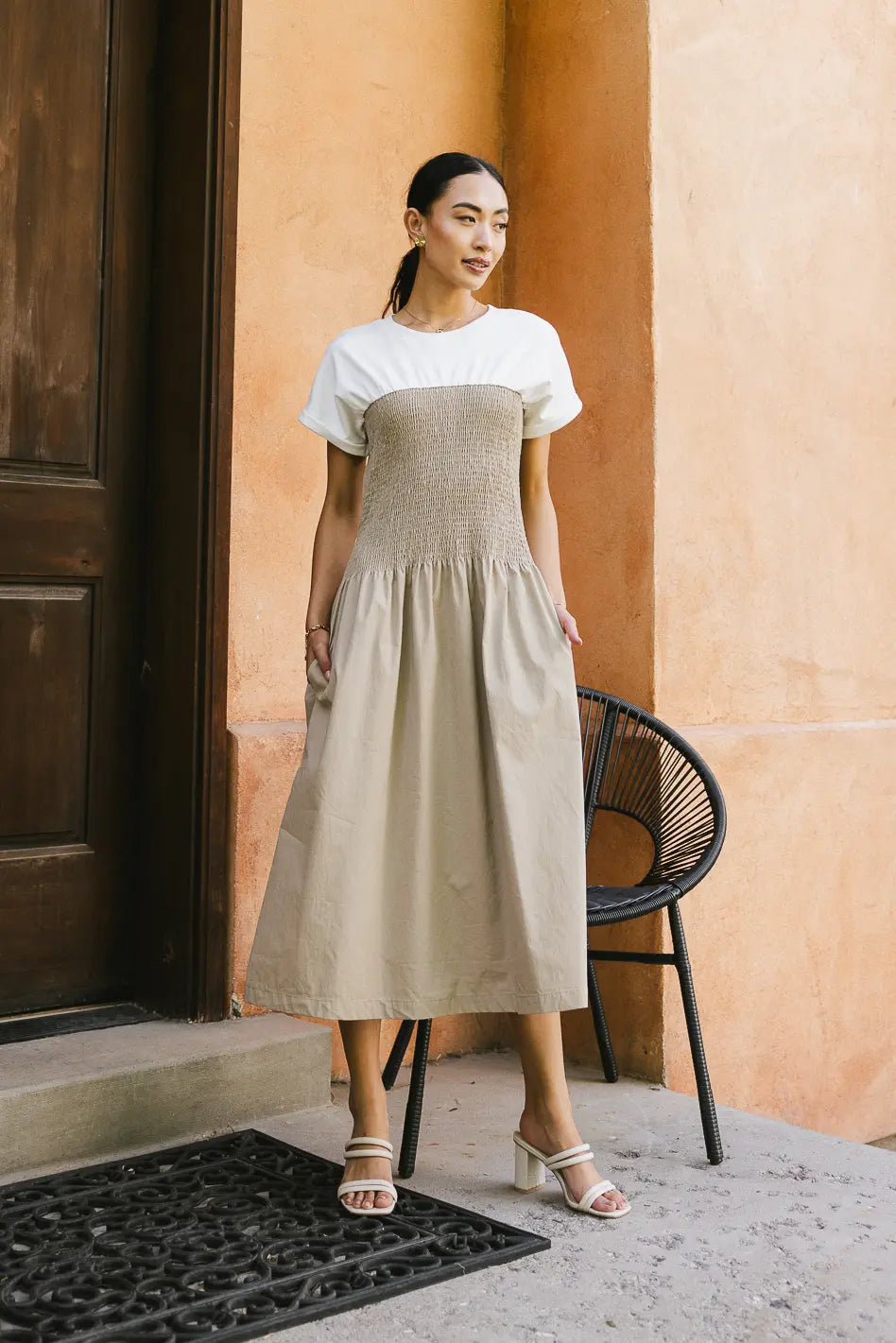 Florence Smocked Midi Dress in Taupe FINAL SALE