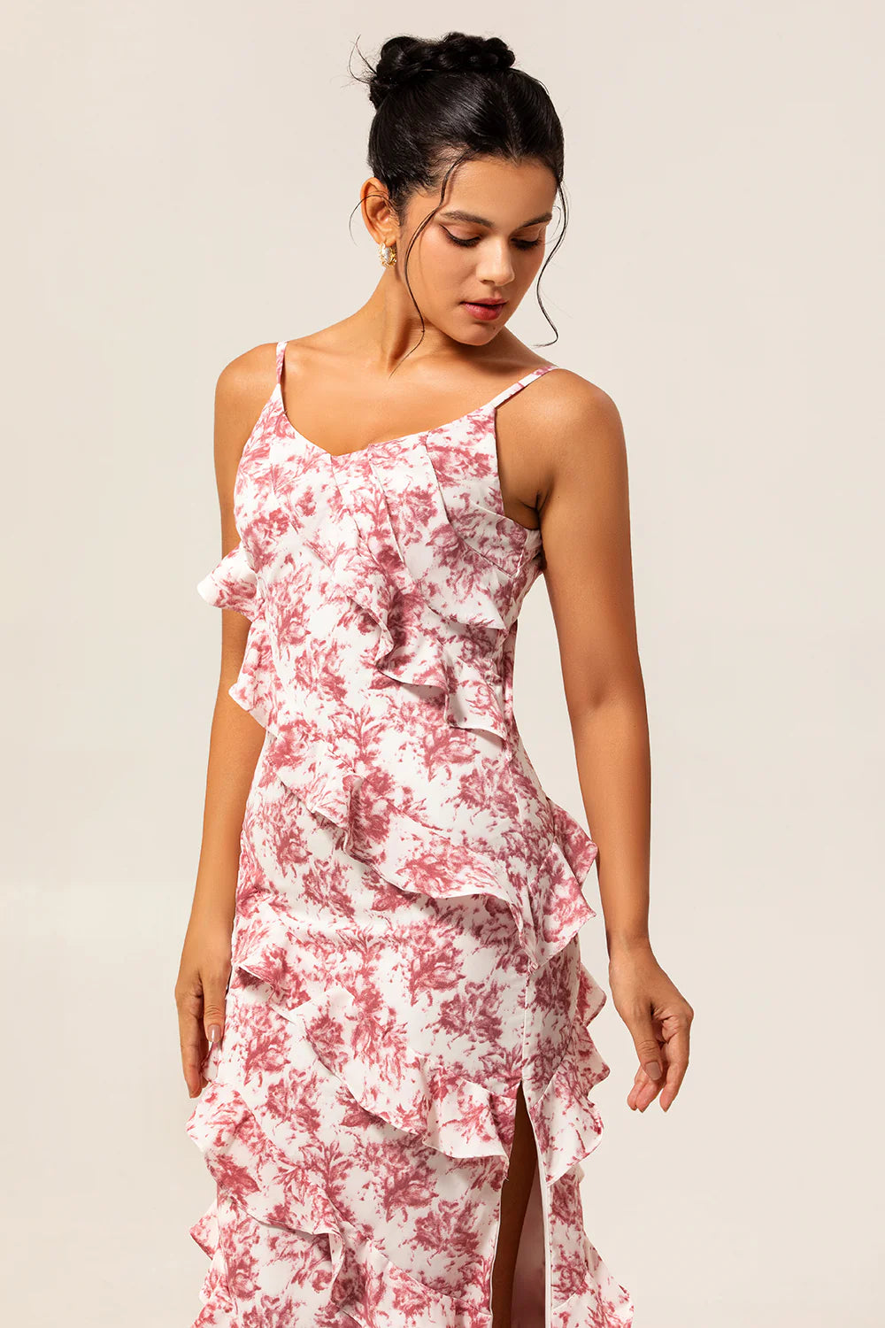 Blush Sheath Ruffle Chiffon Print Floral Long Bridesmaid Dress with Slit