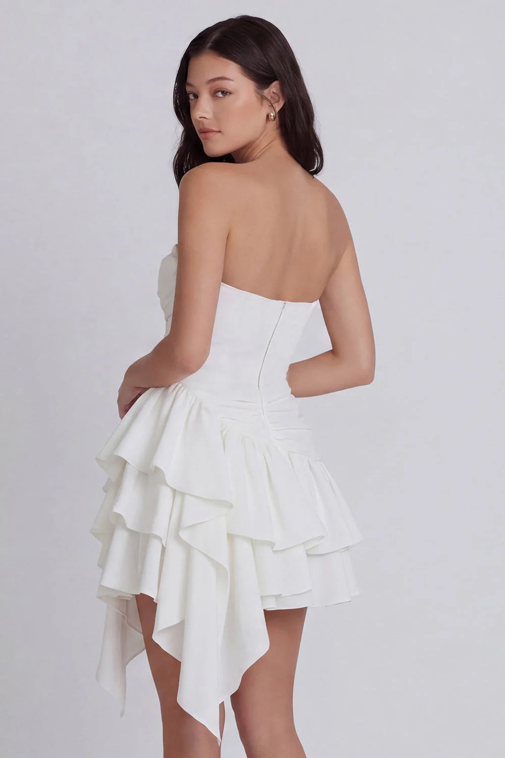 White Tiered A Line Ruffled Strapless Graduation Dress